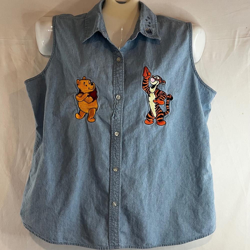 Vintage Disney Store Winnie the Pooh Tigger Sleeveless Denim Shirt XXL Blue